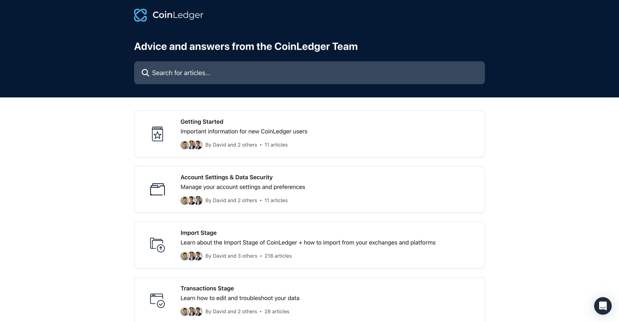 CoinLedger help center in 2026 with a dedicated import section covering step-by-step instructions for hundreds of exchanges and wallets