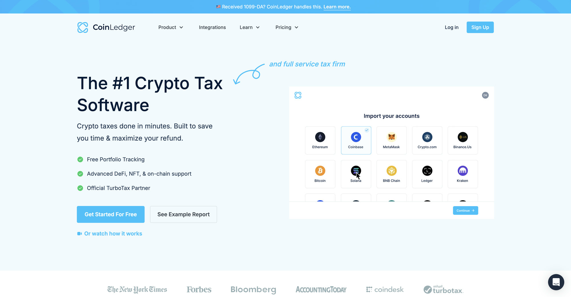 CoinLedger homepage in 2026 highlighting free portfolio tracking, DeFi and NFT support, and its official TurboTax partnership