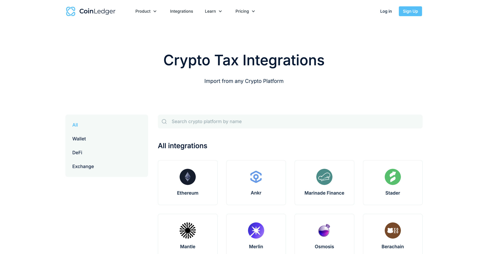 CoinLedger integrations directory in 2026 with filters for wallets, DeFi platforms, and exchanges across more than 1,000 supported platforms