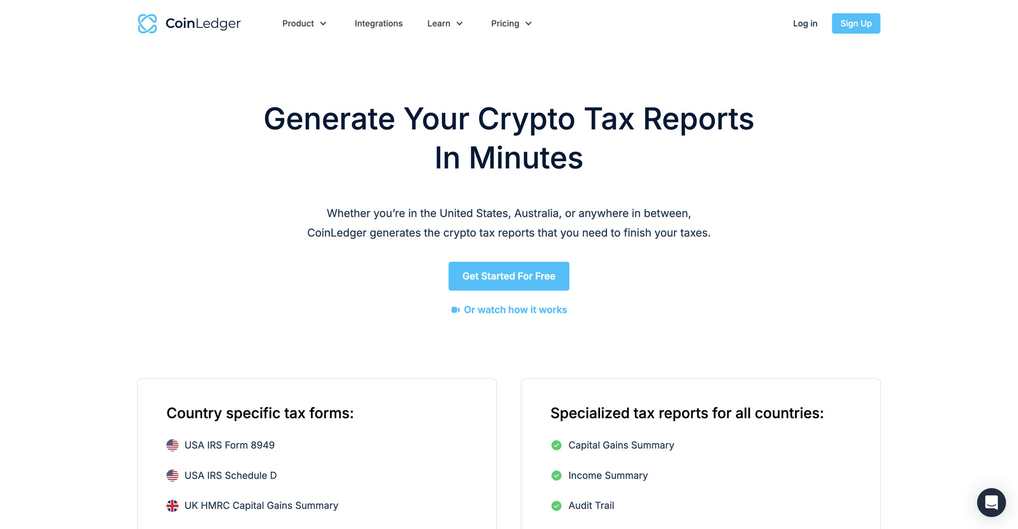 CoinLedger tax report page in 2026 listing IRS Form 8949, Schedule D, capital gains summary, income summary, and audit trail reports