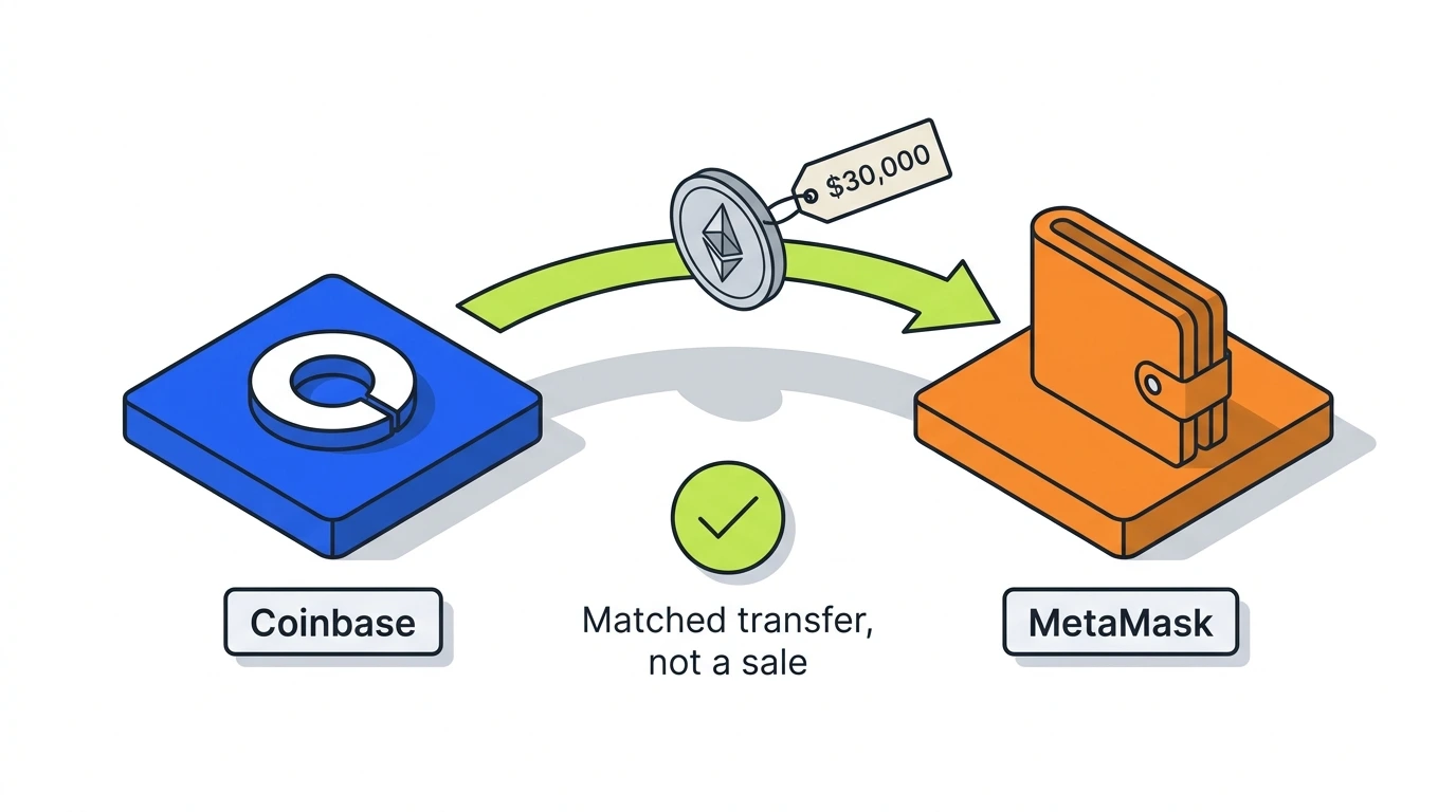 Transfer matching in CoinLedger pairing a Coinbase withdrawal with a MetaMask deposit so cost basis follows the asset instead of resetting to zero