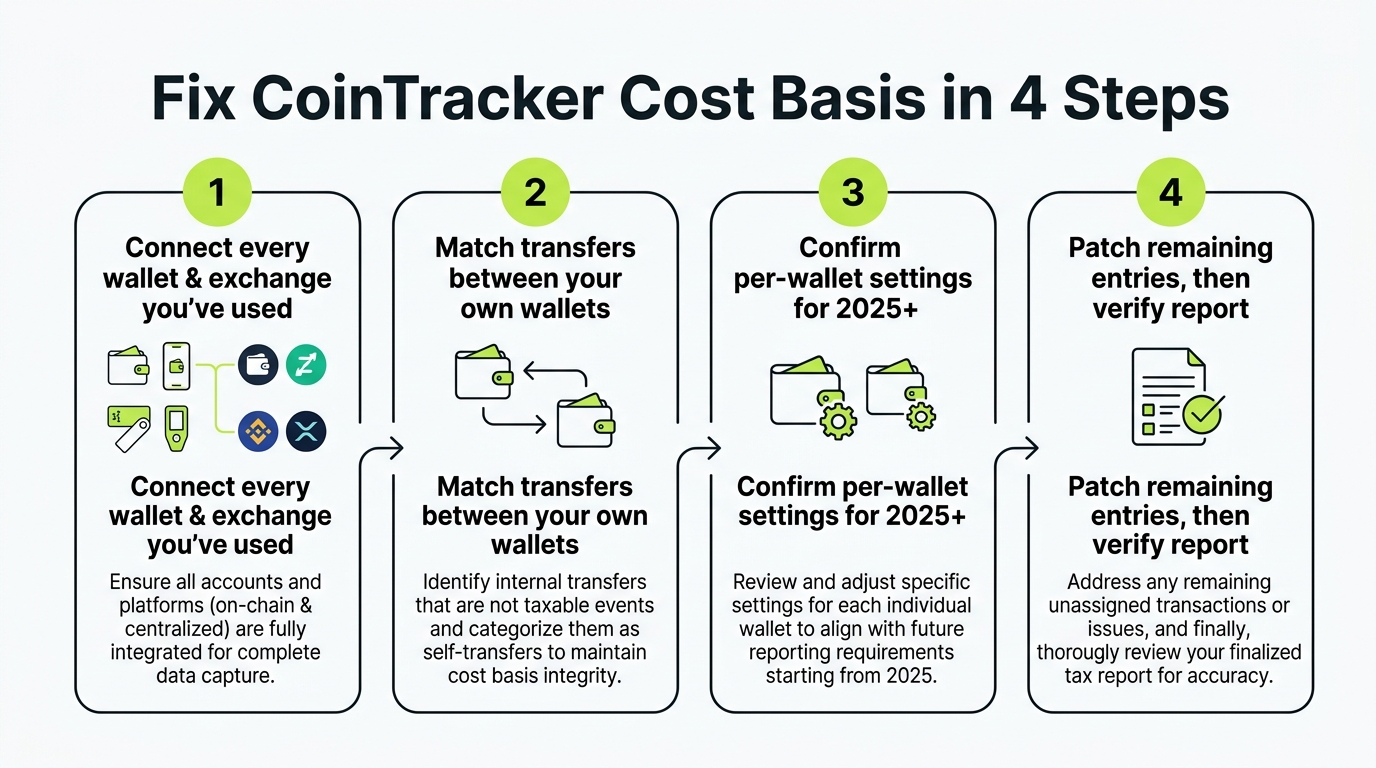 Numbered four-step flow for fixing CoinTracker cost basis: connect all sources, match transfers, apply per-wallet settings, then patch and verify
