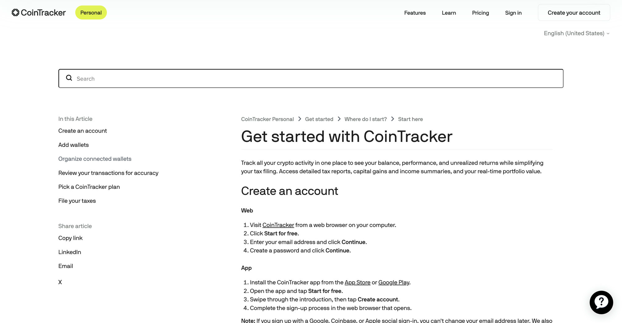 CoinTracker's official get started guide in 2026 showing the steps to create an account, add wallets, review transactions, pick a plan, and file