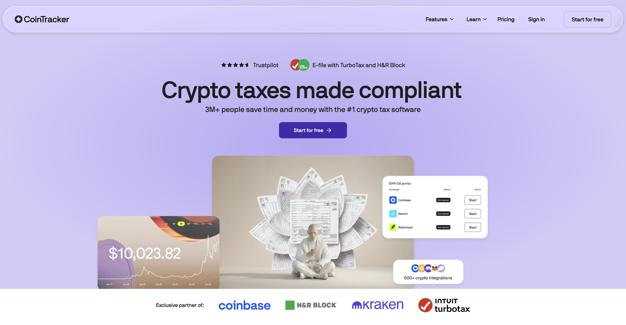 CoinTracker homepage in 2026 showing the crypto taxes made compliant headline, a 1099-DA portal, and partner logos for Coinbase, H&R Block, Kraken, and TurboTax