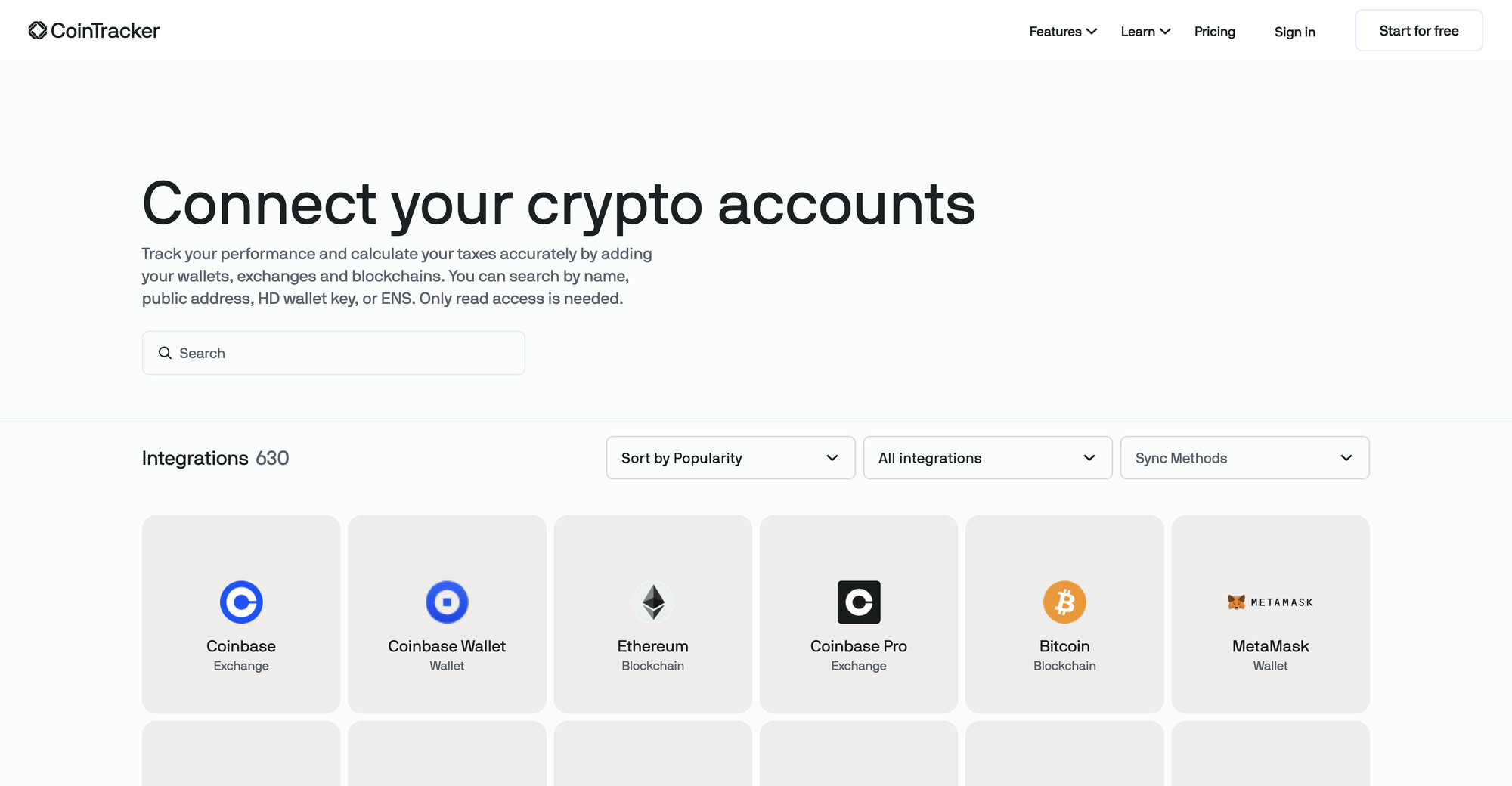 CoinTracker integrations page in 2026 listing 630 total integrations including Coinbase, Coinbase Wallet, Ethereum, Bitcoin, and MetaMask