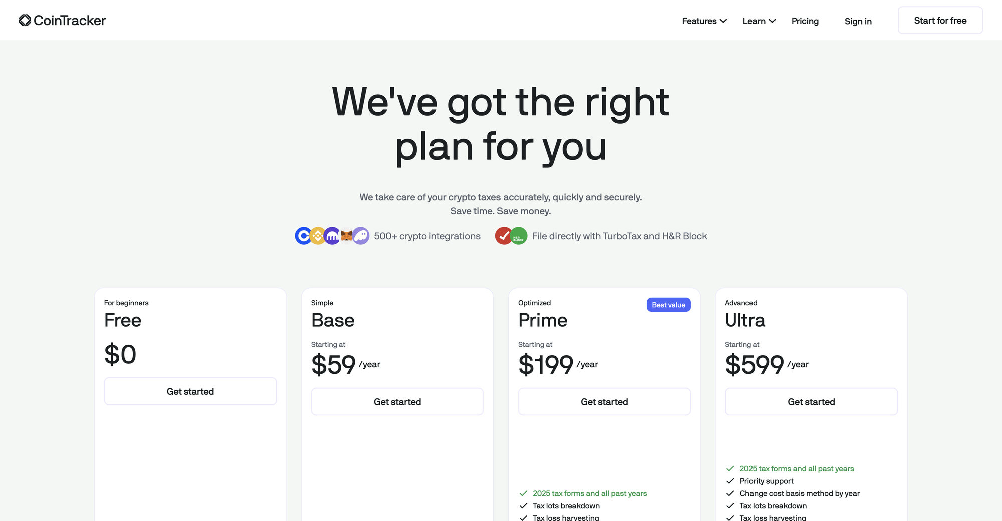 CoinTracker pricing page in 2026 showing the Free, Base, Prime, and Ultra plans starting at $0, $59, $199, and $599 per year