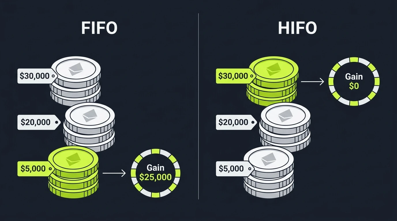 Comparison of FIFO selling the $5,000 lot for a $25,000 gain versus HIFO selling the $30,000 lot for a $0 gain on the same sale