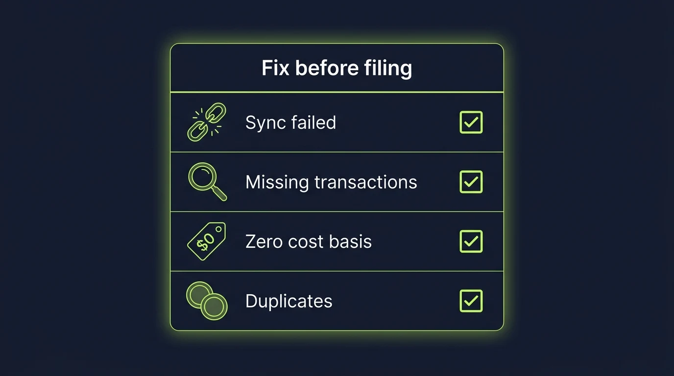Pre-filing checklist with four items to fix before generating crypto tax reports: sync failures, missing transactions, zero cost basis, and duplicates