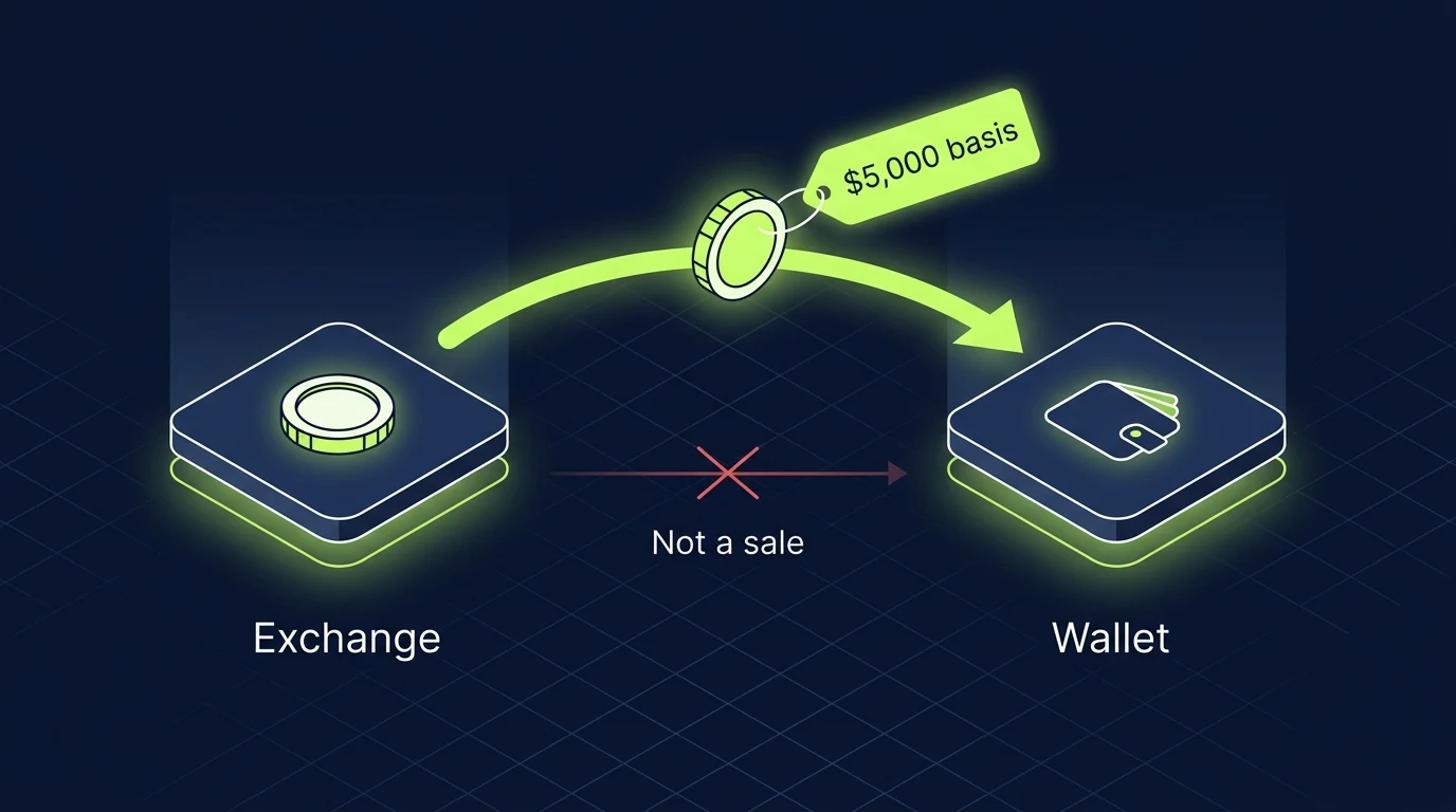 Diagram of a crypto transfer from an exchange to a wallet carrying its $5,000 cost basis with it, marked not a sale