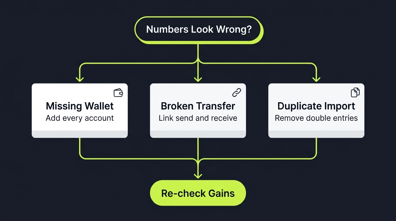 Troubleshooting flowchart for wrong crypto tax numbers branching into missing wallet, broken transfer, and duplicate import, all leading to rechecking gains
