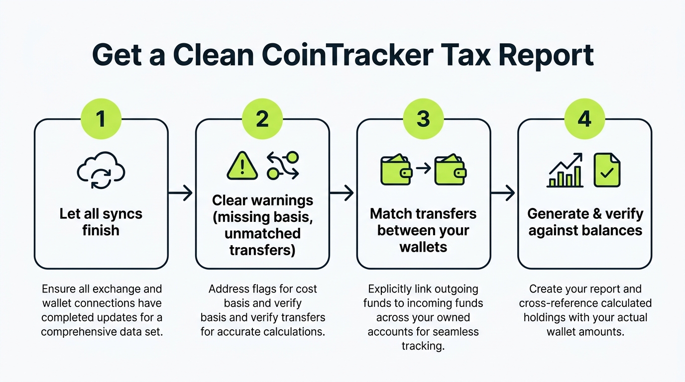 Diagram showing the path to a clean CoinTracker report: finish syncs, clear warnings, match transfers, then generate
