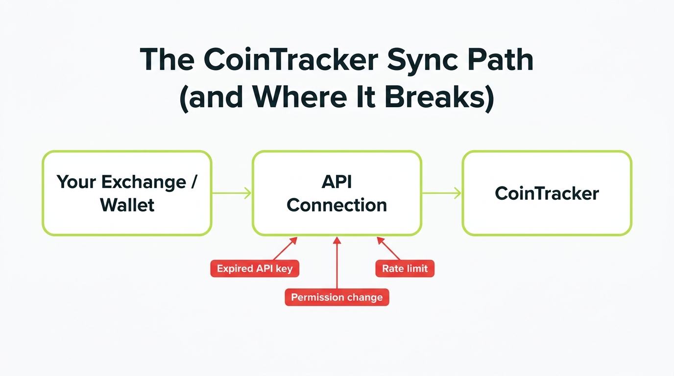 Diagram of the CoinTracker sync path from exchange API to CoinTracker, showing expired key, permission change, and rate limit as the break points