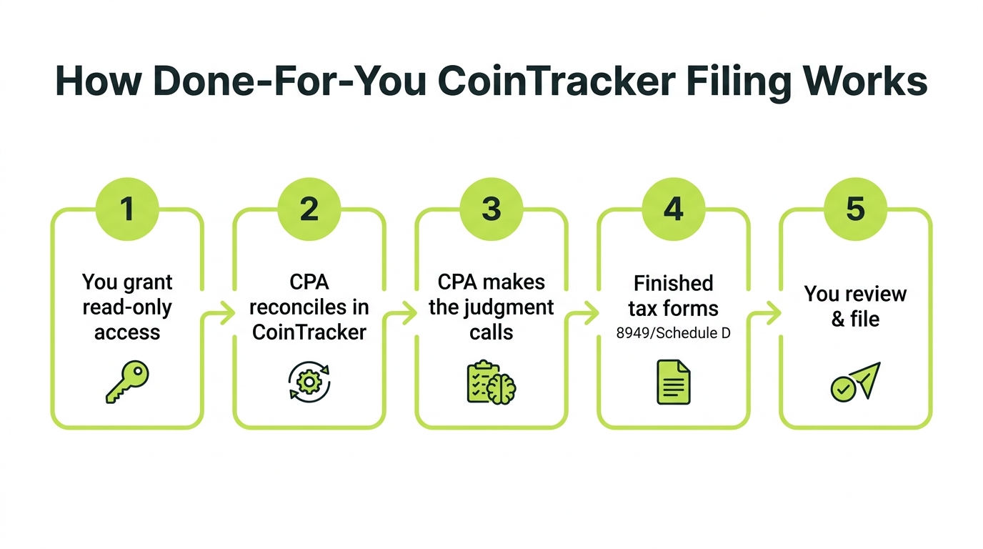 Diagram of the done-for-you CoinTracker workflow: grant read-only access, specialist reconciles and labels, generate forms, you review and file
