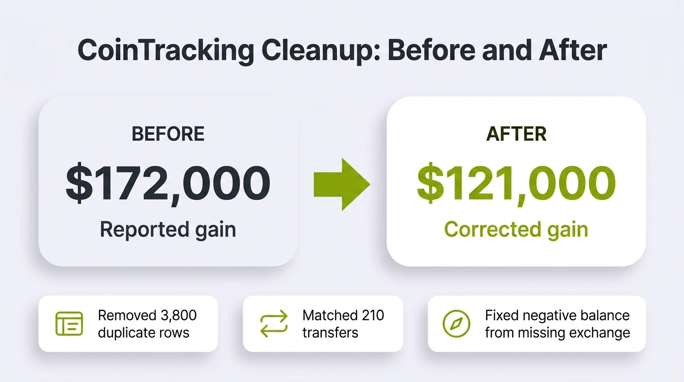 Worked example of a CoinTracking cleanup: reported gain drops from $172,000 to $121,000 after removing 3,800 duplicate rows, matching 210 transfers, and fixing a negative balance from a missing exchange