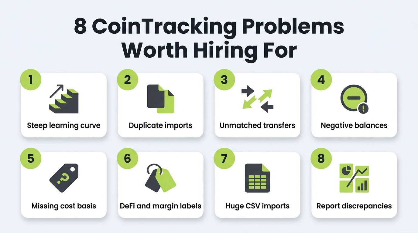 Eight common CoinTracking problems that push users to hire help: steep learning curve, duplicate imports, unmatched transfers, negative balances, missing cost basis, DeFi and margin labels, huge CSV imports, and report discrepancies