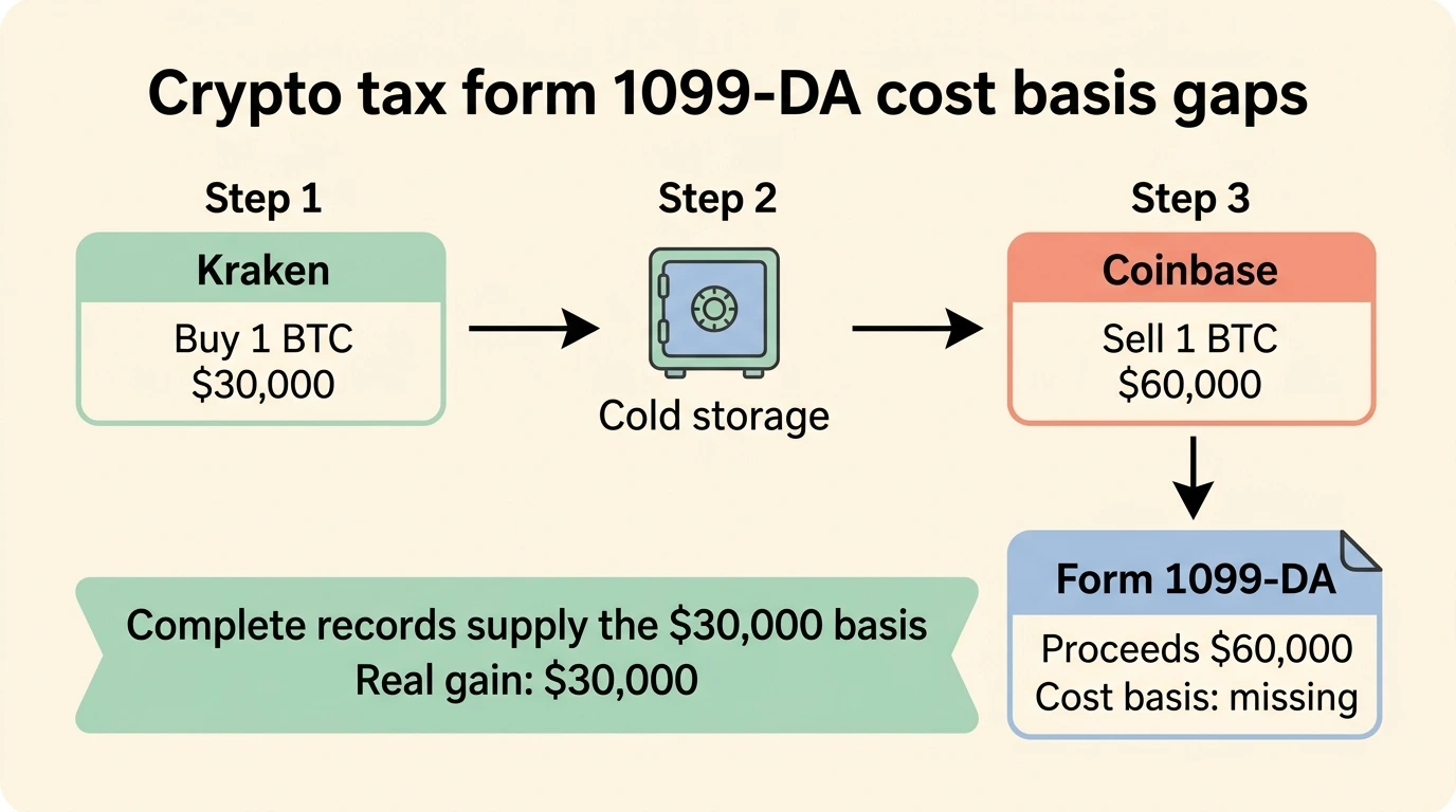 Flow diagram of a Form 1099-DA cost basis gap: 1 BTC bought on Kraken for $30,000, moved to cold storage, sold on Coinbase for $60,000, with the 1099-DA showing $60,000 proceeds and missing basis until complete records supply the real $30,000 gain