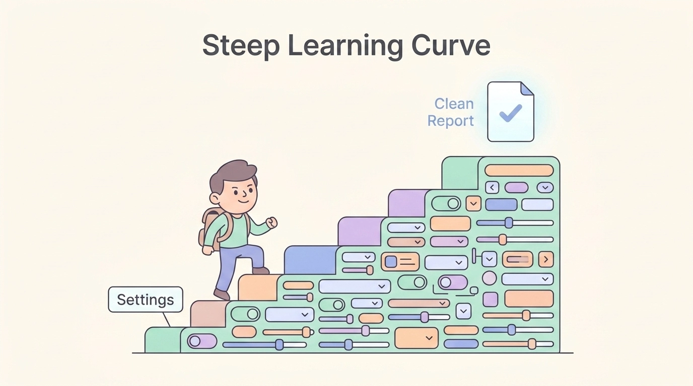 CoinTracking's steep learning curve: a user climbs a staircase of dense settings panels to reach a clean tax report