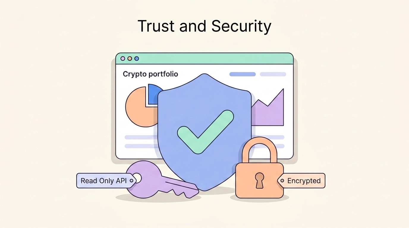 CoinTracking security concept: a shield, read-only API key, and encryption lock protecting a crypto portfolio dashboard