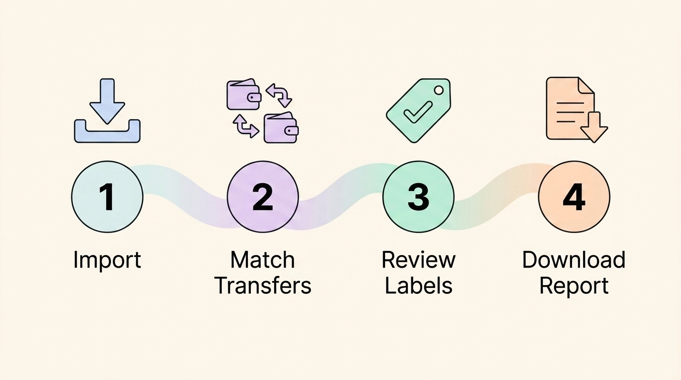 The four step CoinTracking workflow: import transactions, match transfers, review labels, then download your tax report