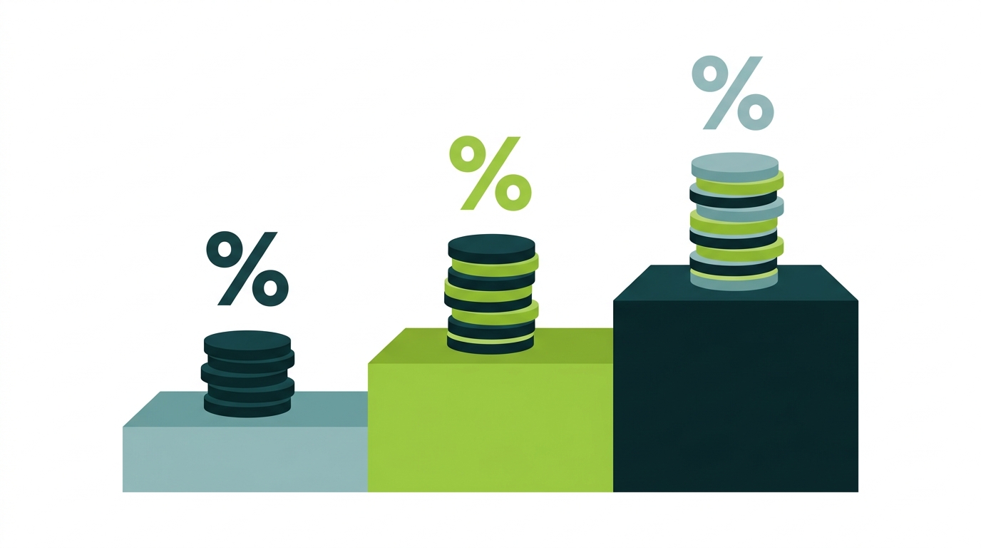 Three-tier visualization of long-term capital gains brackets at 0, 15, and 20 percent