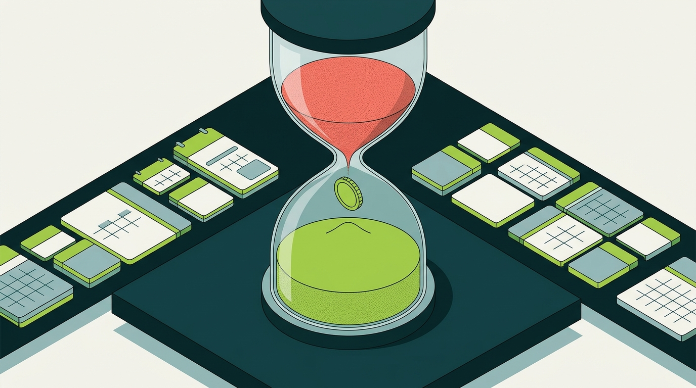 Isometric hourglass with red short-term sand on top and lime long-term sand on bottom