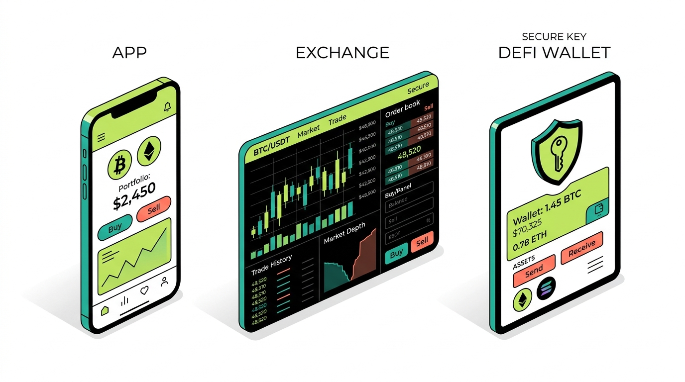 Three distinct Crypto.com surfaces shown side by side, the App, the Exchange, and the self-custody DeFi Wallet, illustrating that each is a different product with different records