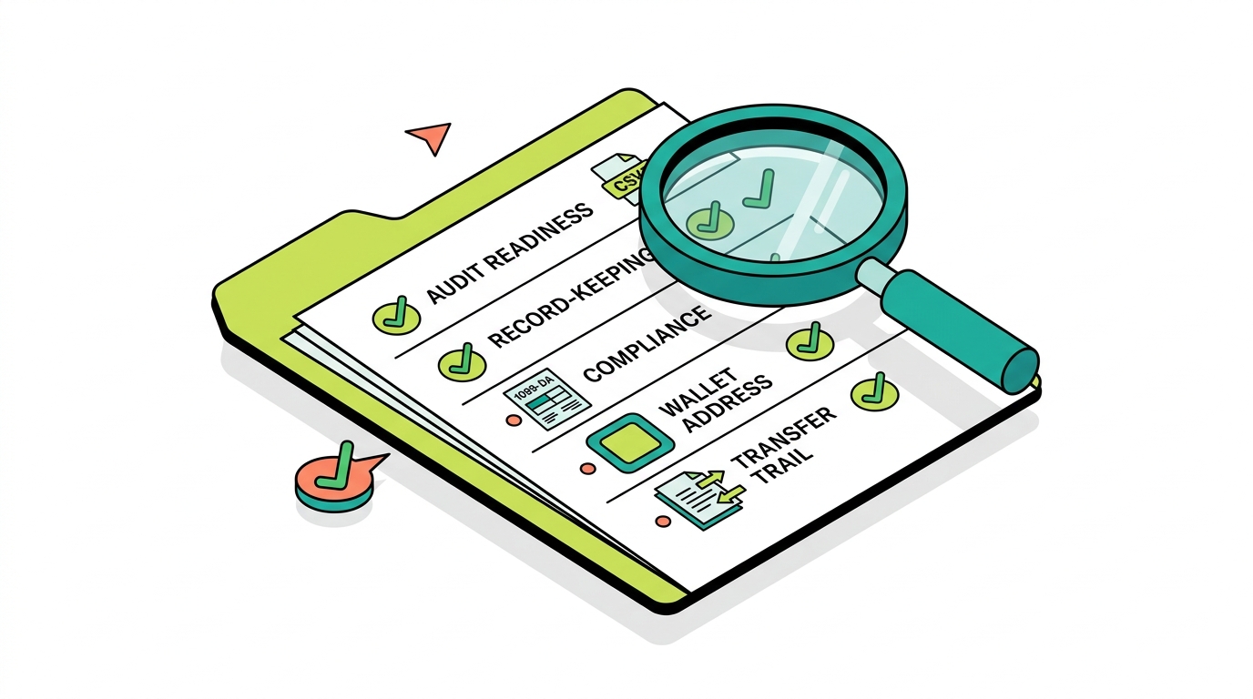Audit readiness: a folder of Crypto.com records, CSV exports, 1099-DA, wallet addresses, and a transfer trail, under a magnifying glass