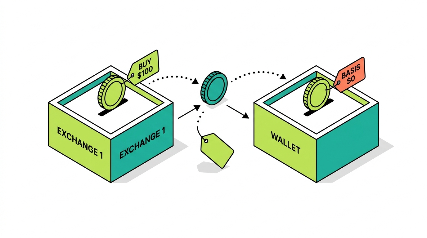 A coin transferred across exchanges and wallets losing its purchase-history tag and ending at zero cost basis