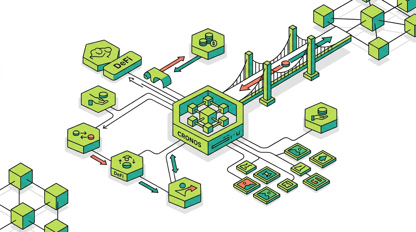 The Cronos chain ecosystem with interconnected DeFi nodes, swaps, bridging, and NFTs on-chain