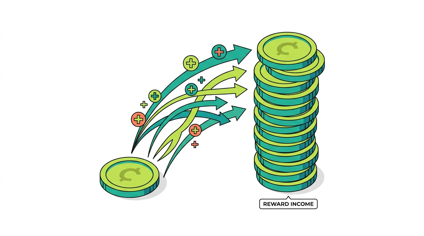 Crypto.com Earn rewards compounding into a growing stack labeled as reward income