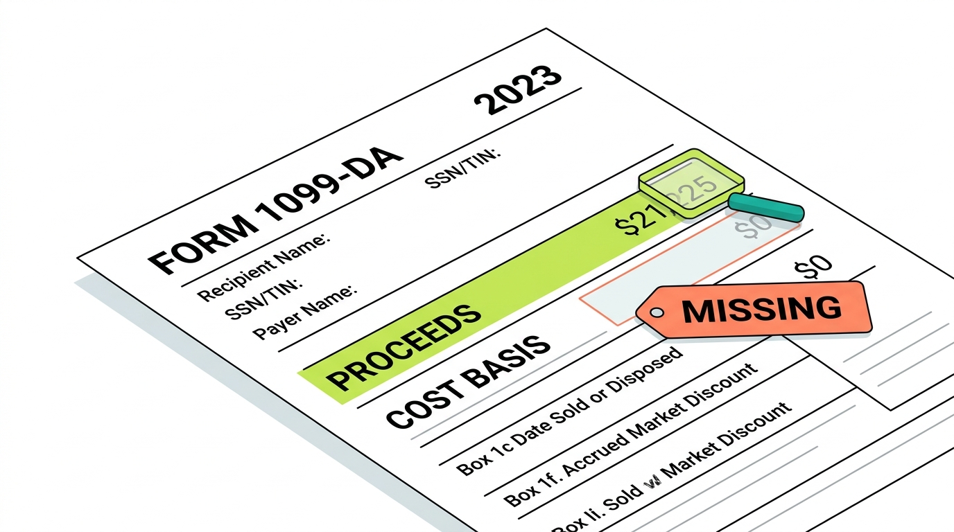 A Crypto.com Form 1099-DA with the proceeds figure highlighted and a note that cost basis shows as zero or missing