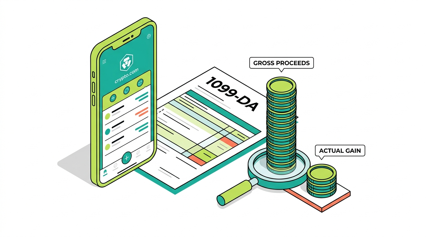 Count On Sheep | Crypto.com Tax Guide 2026 hero illustration showing a Crypto.com 1099-DA with gross proceeds versus actual gains