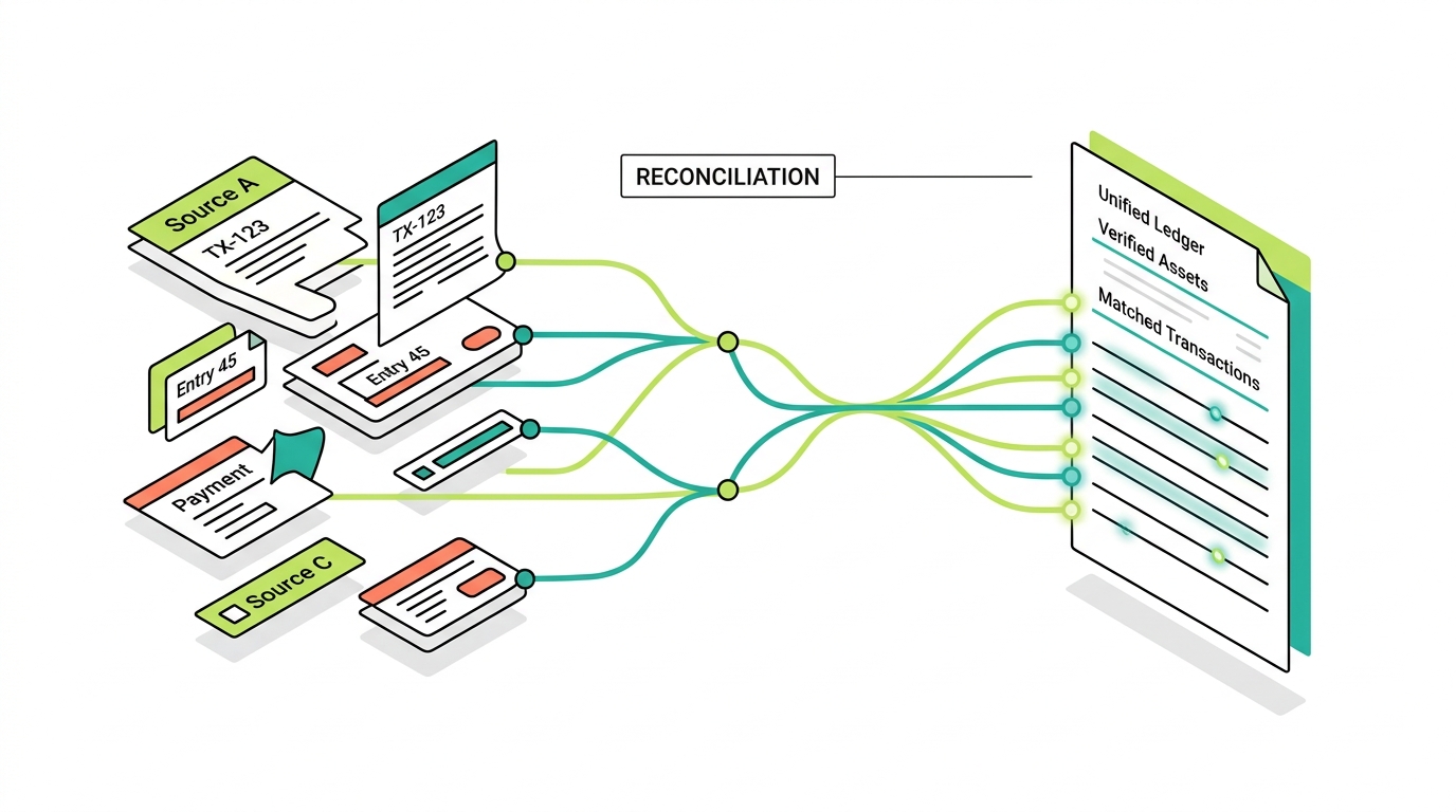 Digital Asset Reconciliation: scattered transaction sources being stitched together into one clean unified ledger