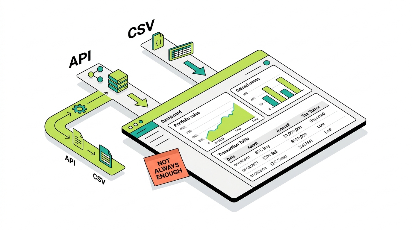 A tax software dashboard importing Crypto.com data via API and CSV, with a note that software alone is not always enough