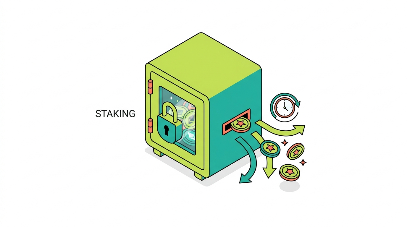 CRO and other coins locked in a staking vault generating reward tokens over time