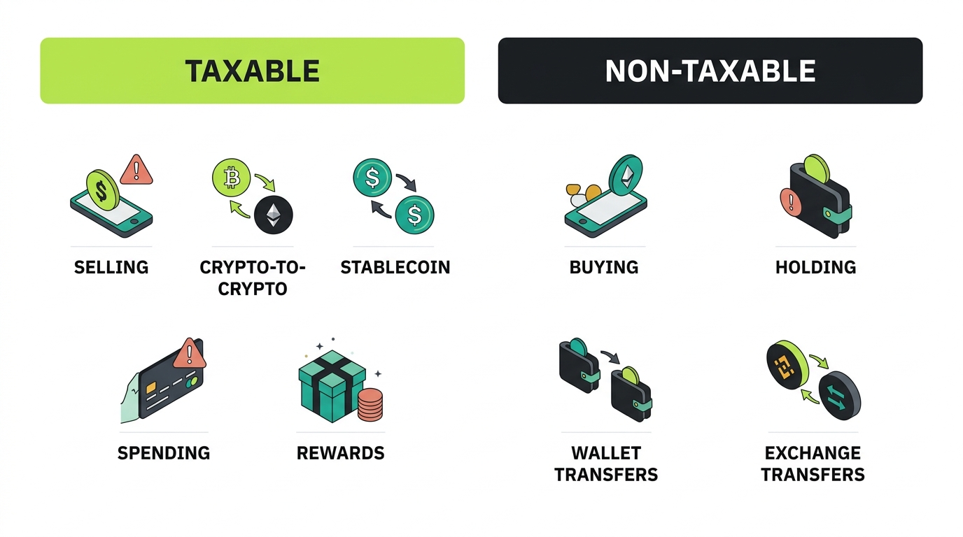 Taxable versus non-taxable events on Crypto.com, shown in two columns: taxable includes selling, crypto-to-crypto trades, stablecoin conversions, spending, and rewards; non-taxable includes buying, holding, and transfers