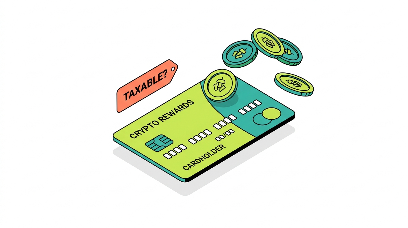 A crypto Visa-style card emitting CRO reward coins with a question tag asking whether the rewards are taxable