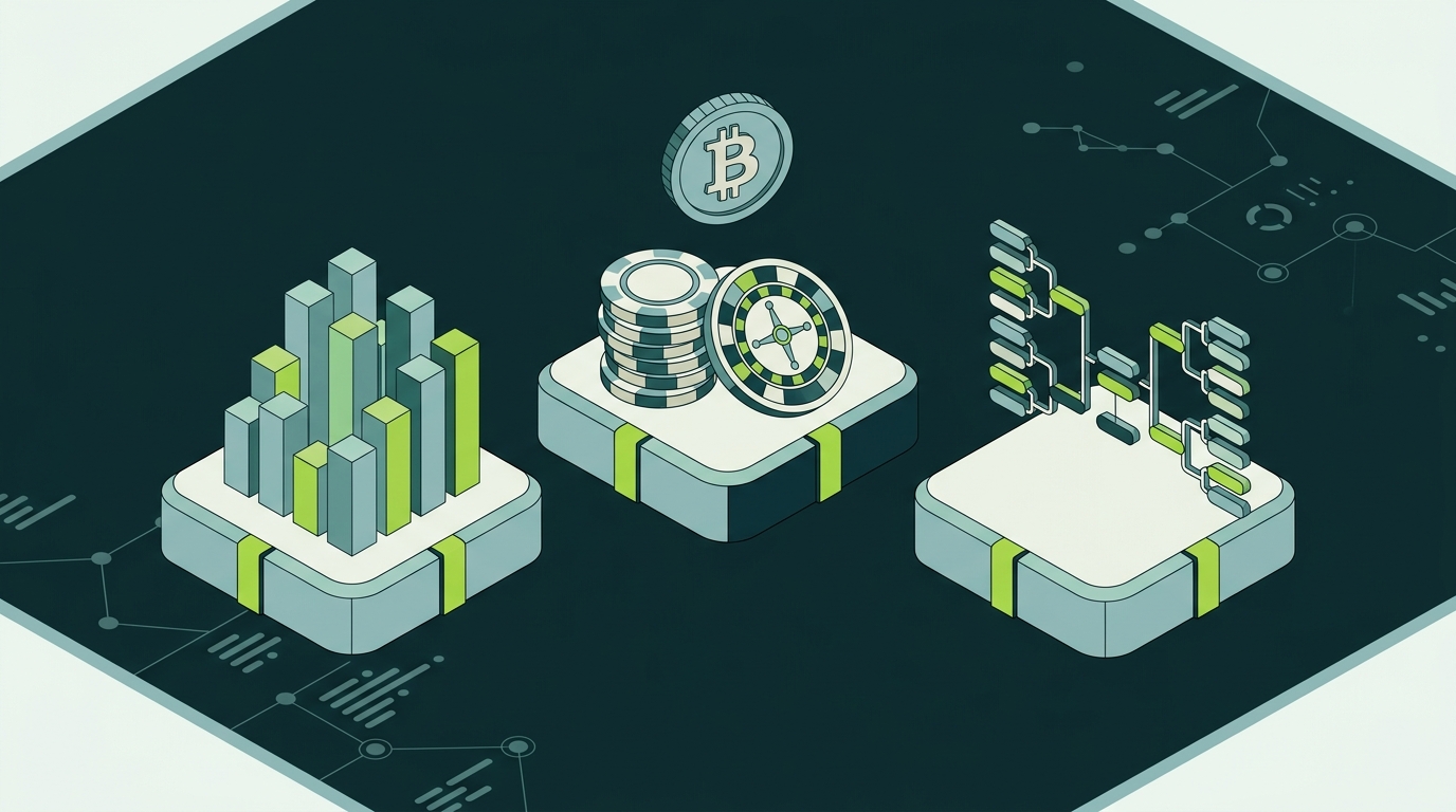 Isometric scene of crypto gambling platforms: prediction markets, sweepstakes casinos, sportsbooks