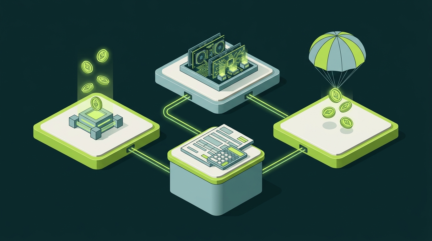 Isometric scene of three crypto income source platforms connected to a central tax form