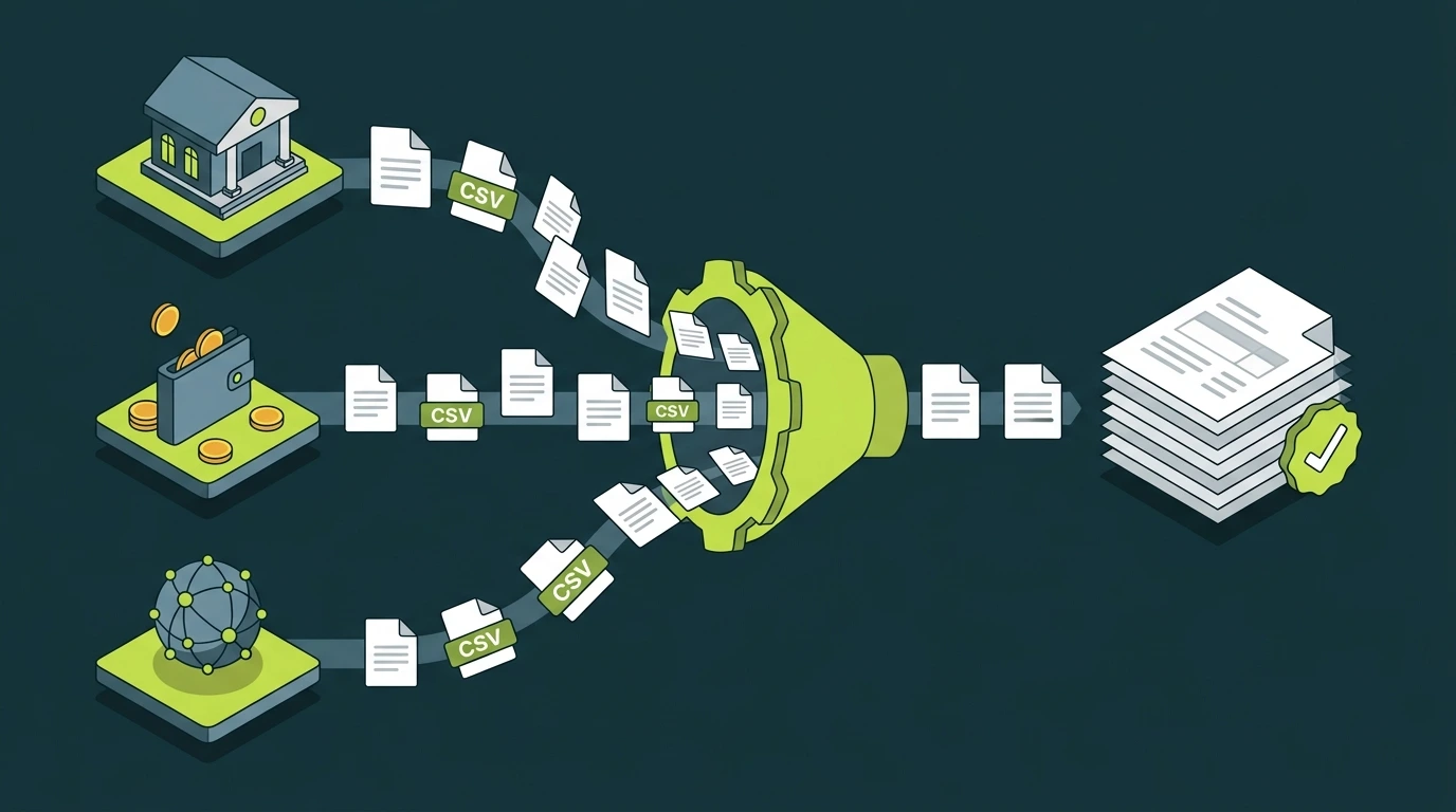 Isometric illustration of crypto records from exchanges, wallets, and DeFi being reconciled into a finished tax report
