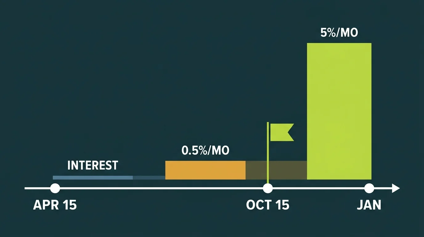 Timeline showing IRS penalties and interest stacking from April 15 through and past the October 15 extension deadline