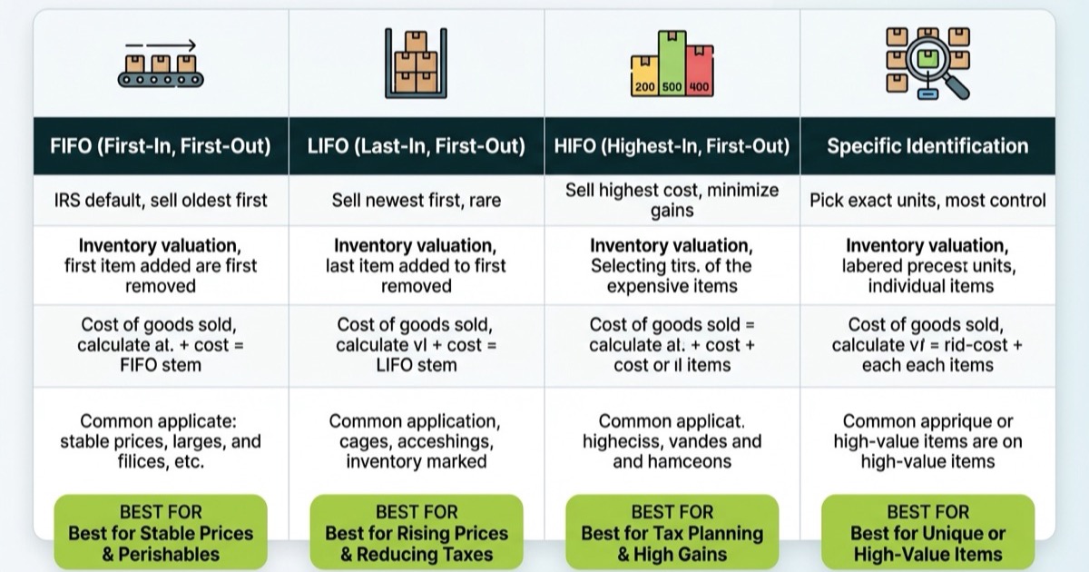 Table comparing FIFO, LIFO, HIFO, and Spec ID