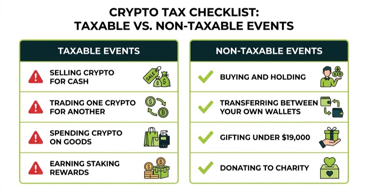 Checklist of taxable vs non-taxable crypto events for 2026