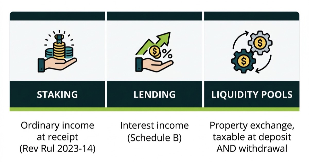 Tax treatment chart for staking, lending, and liquidity pools