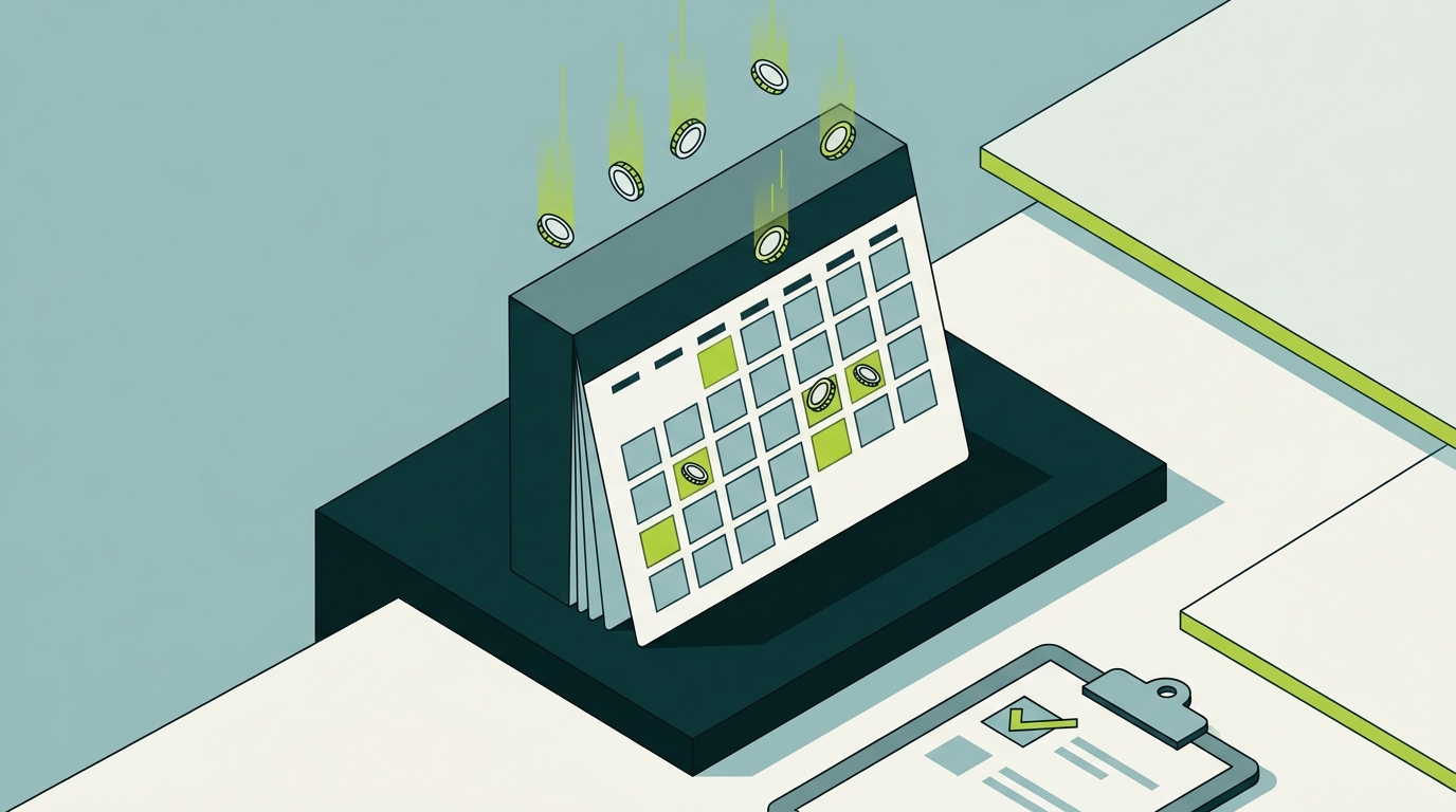 Isometric December calendar with falling coin leaves representing harvested losses