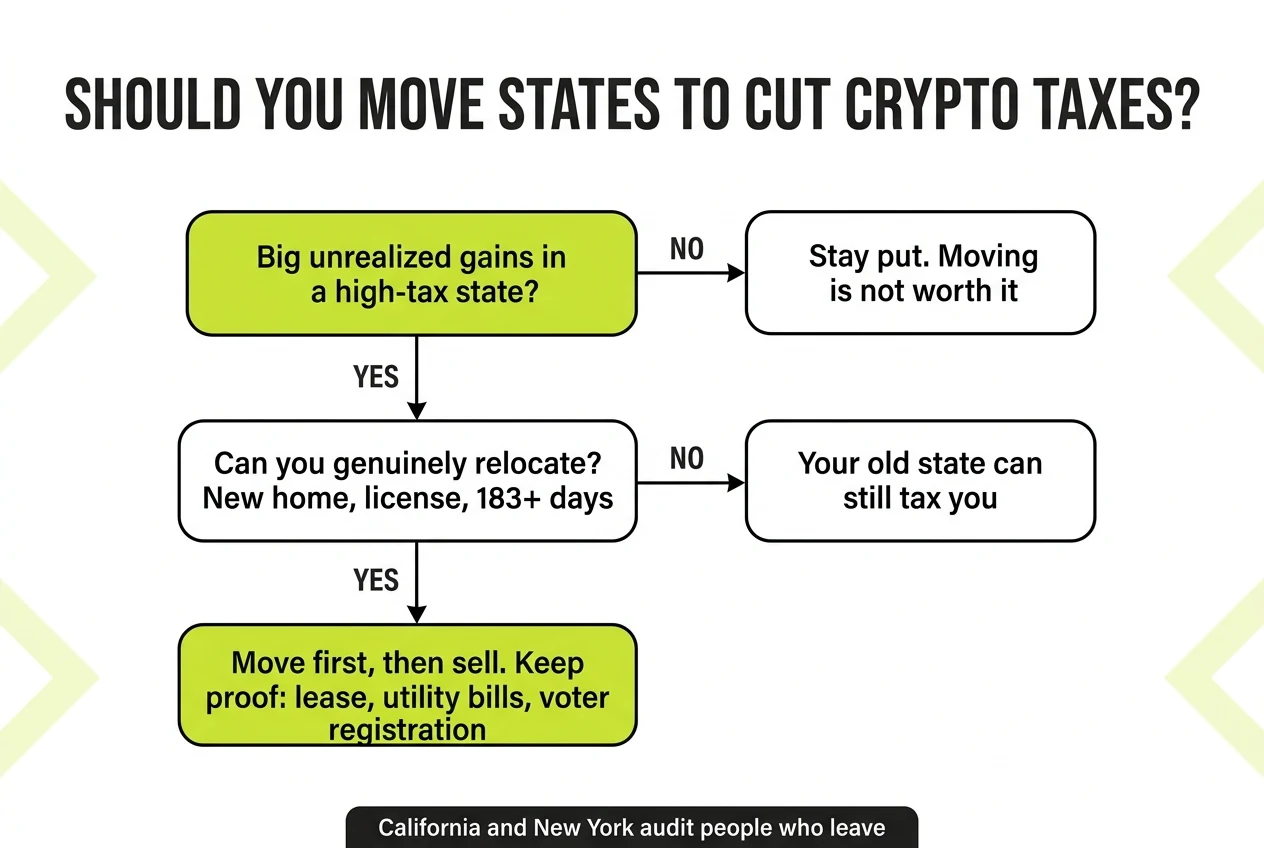 Decision flowchart for whether moving states to cut crypto taxes makes sense, from unrealized gains to proof of relocation