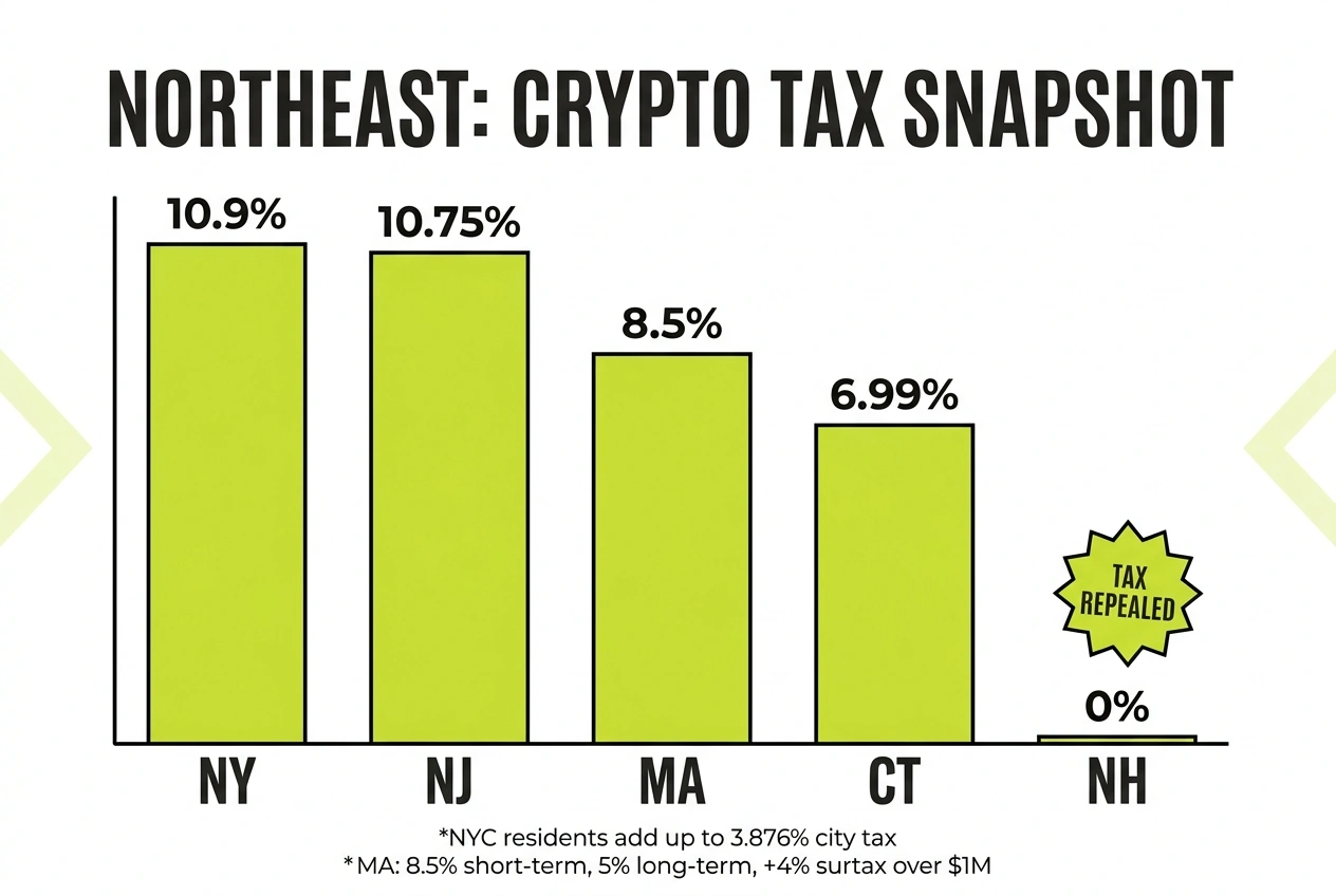 Northeast snapshot of top state tax rates on crypto gains, from New York at 10.9% down to New Hampshire at zero