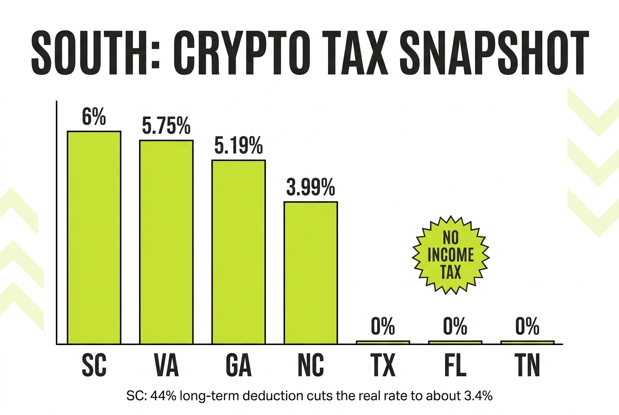 South region snapshot comparing zero tax Texas, Florida, and Tennessee with Georgia, North Carolina, South Carolina, and Virginia