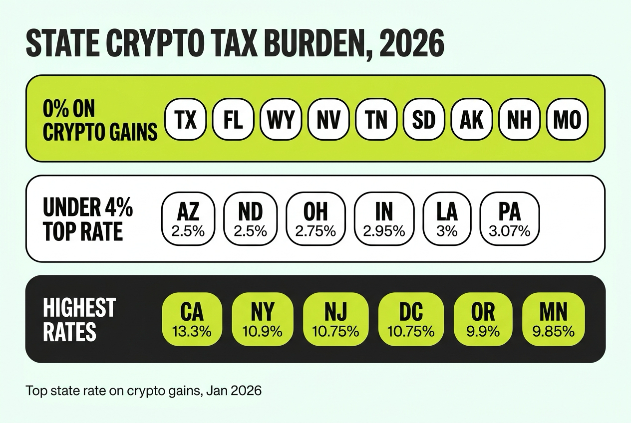 Tiered chart grouping states by 2026 crypto tax burden, from zero-tax states to the highest top rates