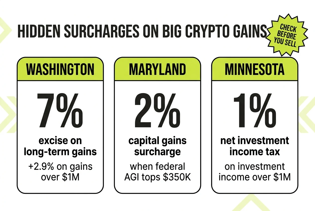 Callout cards for extra state surcharges on large crypto gains in Washington, Maryland, and Minnesota